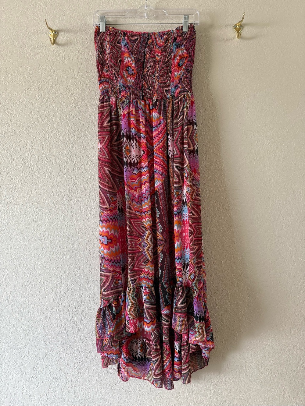 Fun N Flirt Colorful Boho Strapless Smocked Maxi Dress Size L High Low Hem